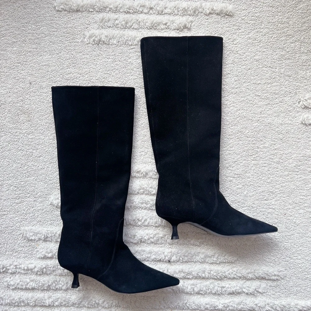 Stuart Weitzman Vinnie 50 Pointed Toe Knee High Boots Black Suede Pull On US 6